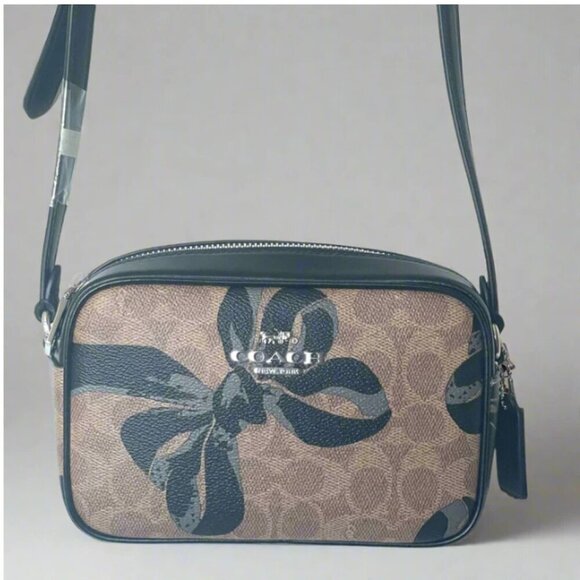 Coach Mini Jamie Camera Bag Black Bow Signature Canvas Brown Crossbody CY778 - Picture 1 of 10